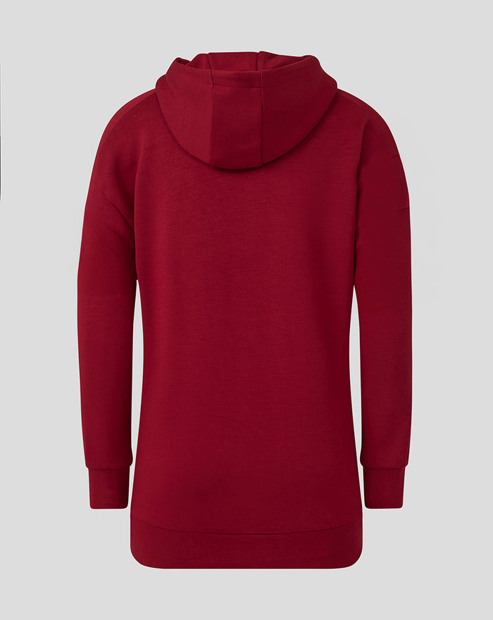 Rear view of red Athletic Club Travel Overhead Hoodie Junior with the hood resting at the back.