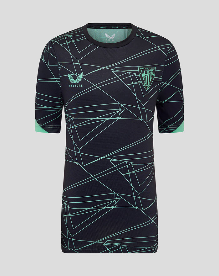 Junior Athletic Club third pre match short sleeve tee in dark navy with teal geometric print and club crest.