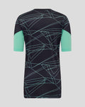 Back view of navy junior Athletic Club third pre match short sleeve tee with mint sleeves and turquoise geometric print