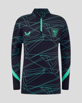 Front view of navy junior midlayer top with neon teal geometric lines, teal zipper, Athletic Club crest, and Castore logo.