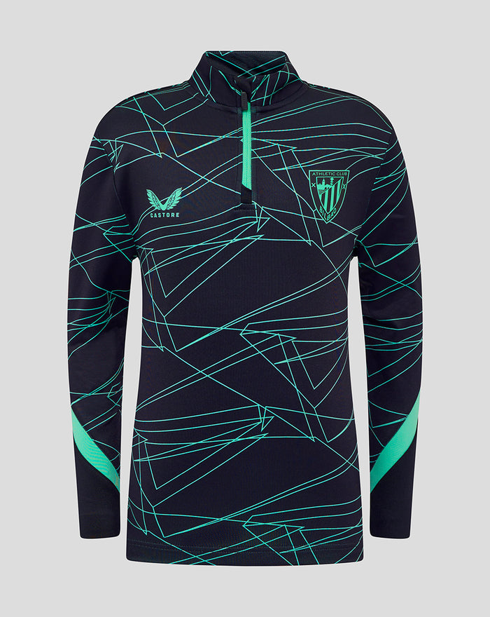 Front view of navy junior midlayer top with neon teal geometric lines, teal zipper, Athletic Club crest, and Castore logo.