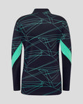 Back view of navy junior midlayer top with neon teal geometric lines and mint green sleeve panels.