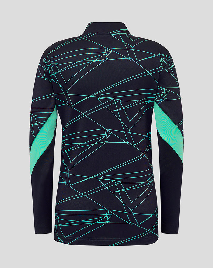 Back view of navy junior midlayer top with neon teal geometric lines and mint green sleeve panels.
