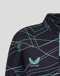 Close up of shoulder on navy midlayer showing teal geometric lines and Castore branding.