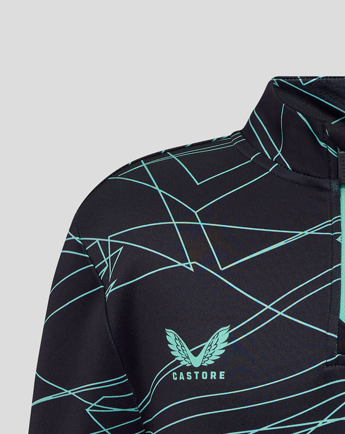 Close up of shoulder on navy midlayer showing teal geometric lines and Castore branding.
