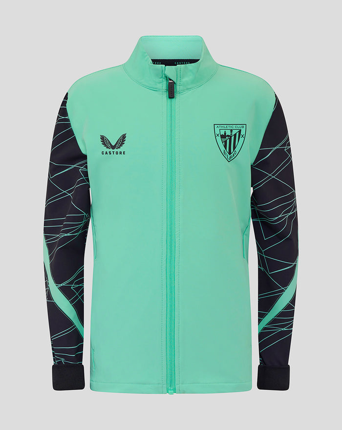 Junior Athletic Club third pre match jacket in mint green with navy sleeves and teal line pattern and crest on chest