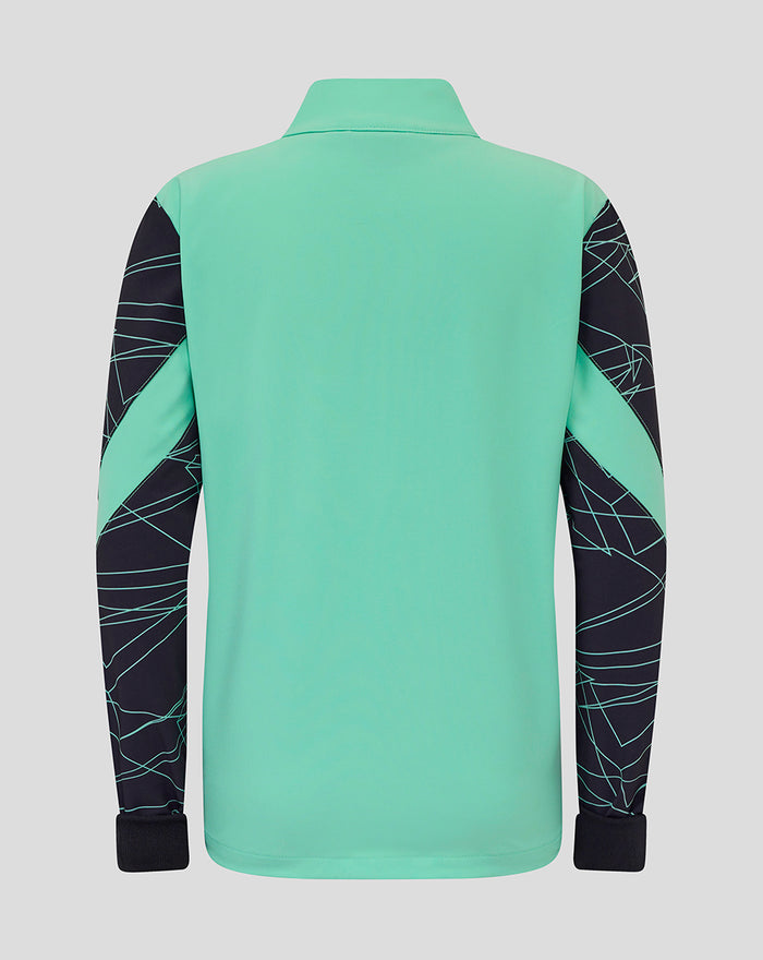 Back view of the mint green junior Athletic Club third pre match jacket with navy patterned sleeves and cuff details