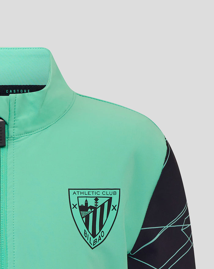 Mint green jacket front with Athletic Club crest on the left chest and dark sleeve with geometric lines