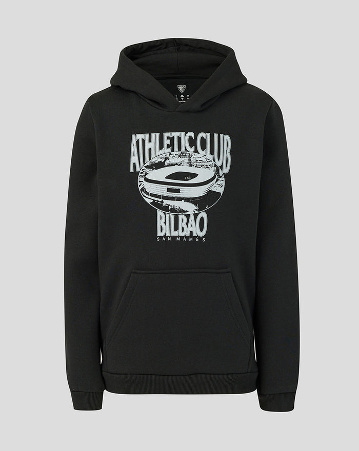 Black junior hoodie with large light gray Athletic Club Bilbao stadium graphic on the chest