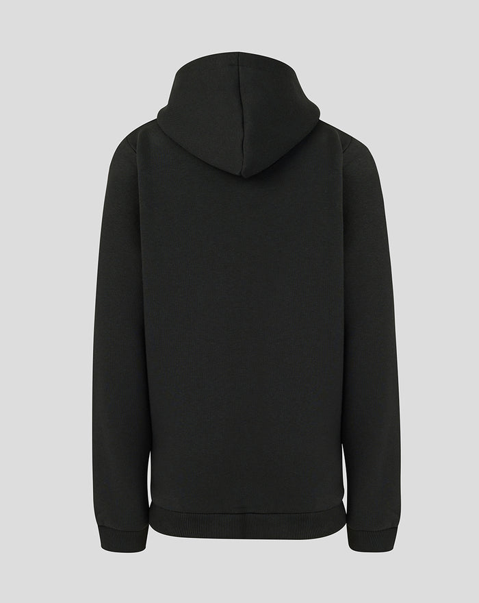 Back view of a black junior hooded sweatshirt showing a plain solid back and hood