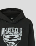 Black junior hoodie with hood up and a large Athletic Club stadium graphic across the chest