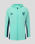 Turquoise junior hooded jacket with front zipper and crest emblem on the chest