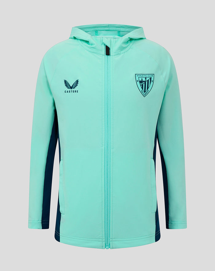 Turquoise junior hooded jacket with front zipper and crest emblem on the chest