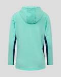 Mint green junior athletic club hooded jacket shown from the back with dark side panels.
