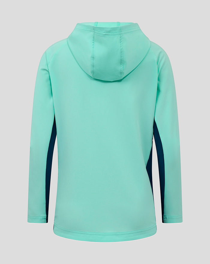 Mint green junior athletic club hooded jacket shown from the back with dark side panels.