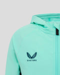 Close up of mint green hooded jacket showing the hood, front zipper, and Castore logo on the chest.