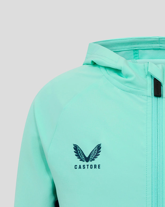 Close up of mint green hooded jacket showing the hood, front zipper, and Castore logo on the chest.