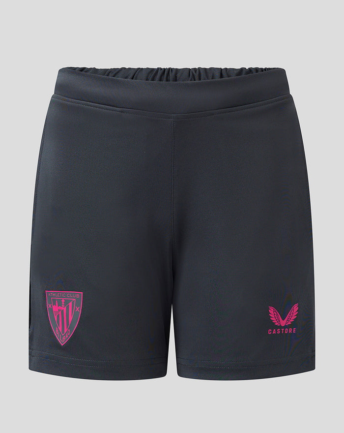Front view of dark navy Men’s Athletic Club Coaches Training Lightweight Shorts with a pink club crest on the left leg and Castore logo on the right.