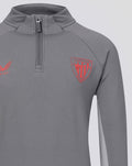 Close up of the grey hoodie chest showing zipper pull and red club crest on left chest with Castore branding on right