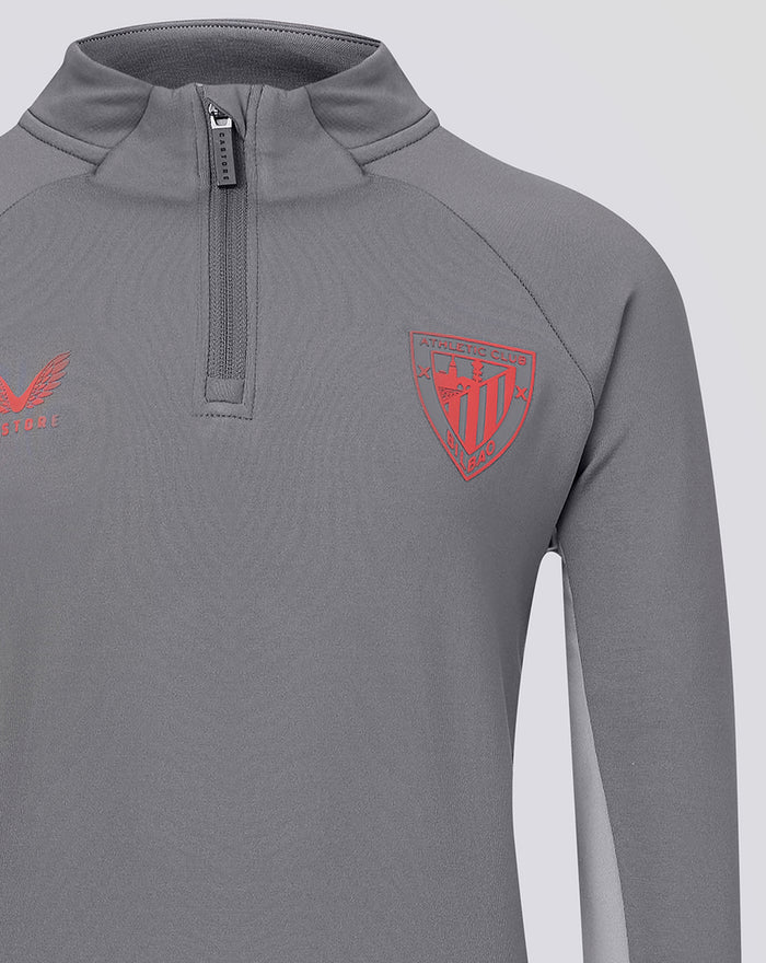 Close up of the grey hoodie chest showing zipper pull and red club crest on left chest with Castore branding on right
