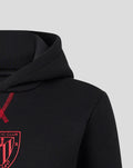 Close up of black women's Athletic Club Bilbao hoodie showing red drawstrings and a red crest on the chest.