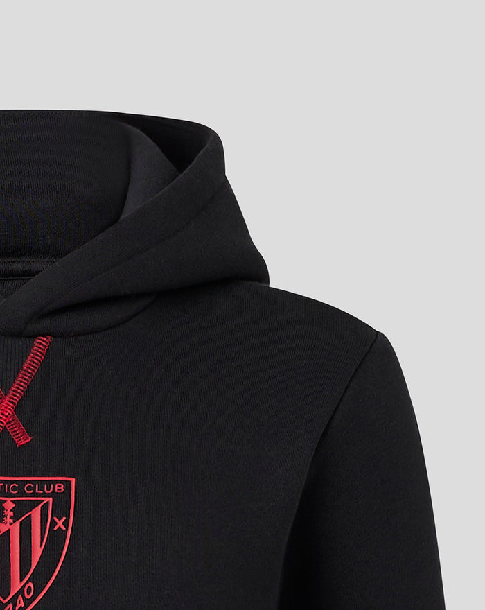 Close up of black women's Athletic Club Bilbao hoodie showing red drawstrings and a red crest on the chest.