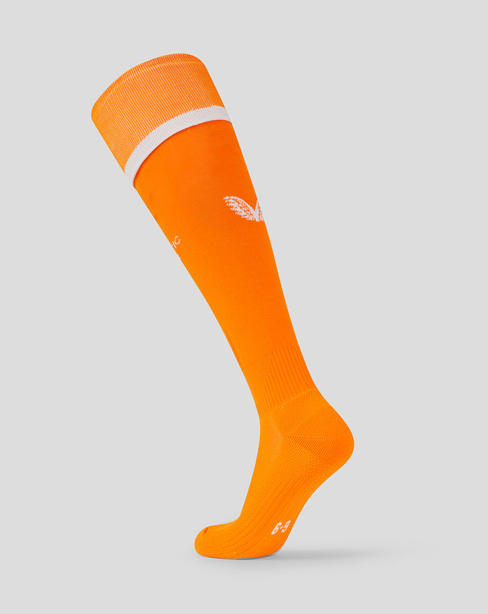 Bright orange junior goalkeeper sock with white cuff shown from the side.