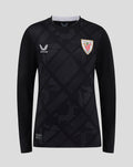 Front view of black goalkeeper jersey featuring geometric pattern and club crest on the chest.