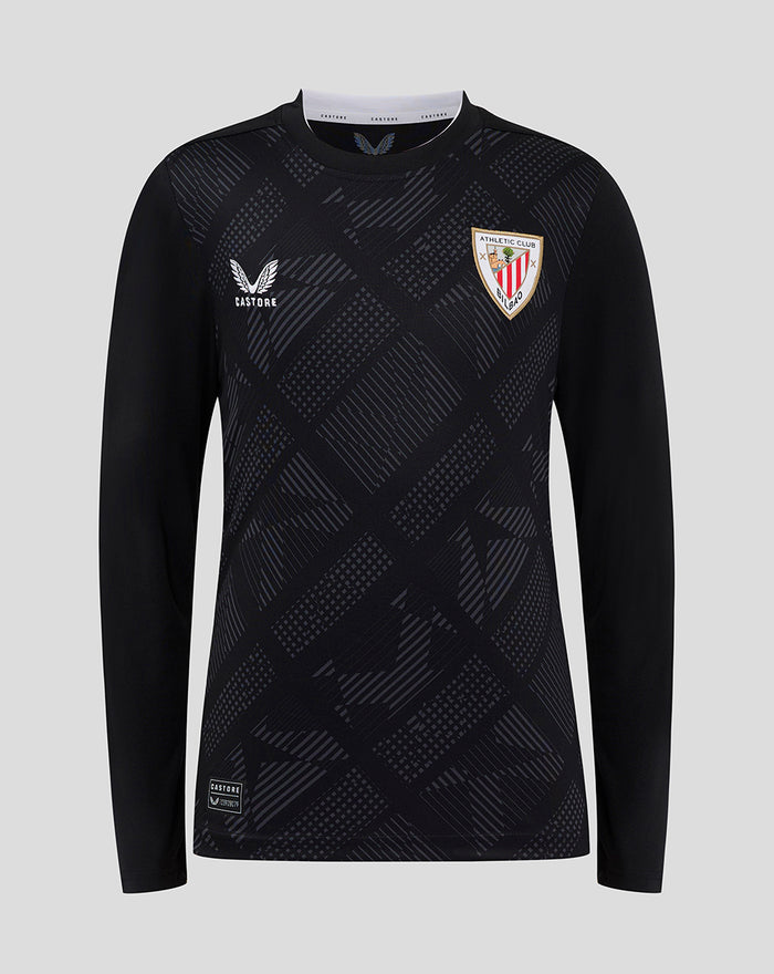 Front view of black goalkeeper jersey featuring geometric pattern and club crest on the chest.