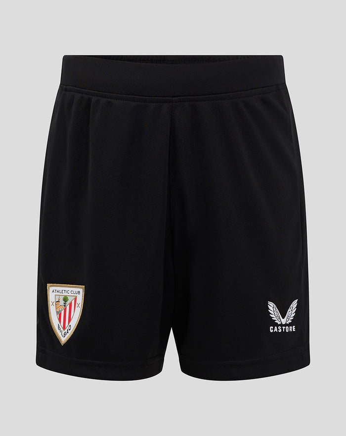 Black Junior Home Goalkeeper Shorts with left leg club crest patch and right leg Castore wings logo