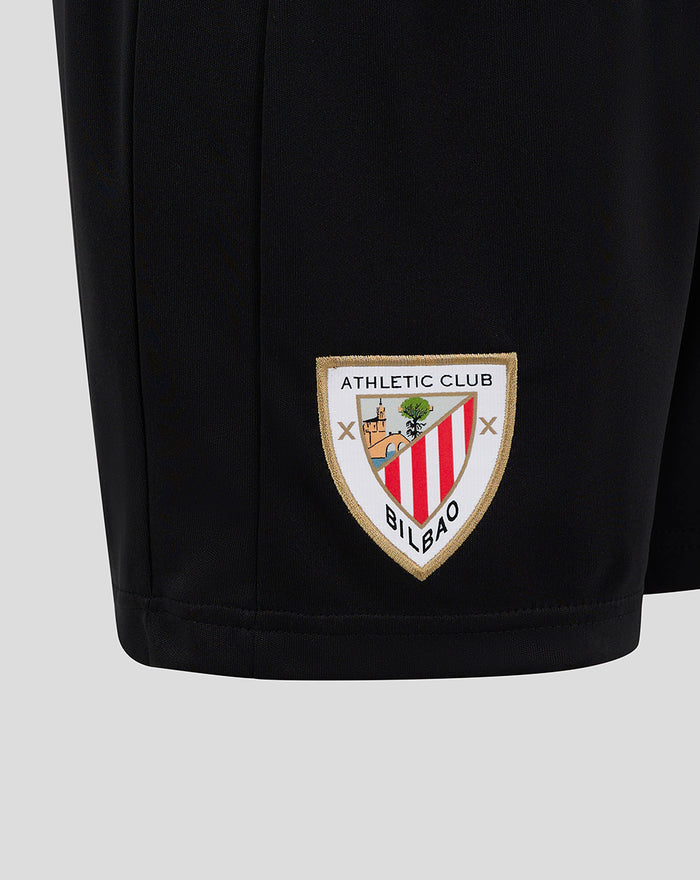 Close up of left leg patch displaying Athletic Club Bilbao crest on black shorts