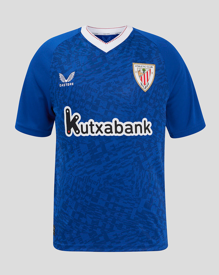 Front view of junior blue away short sleeve jersey with club crest on the chest and large sponsor logo across the front.