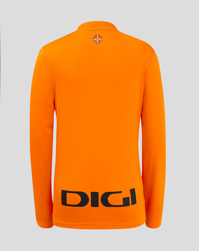 Back view of bright orange men's away goalkeeper shirt with crest at the neck and large DIGI logo on the lower back