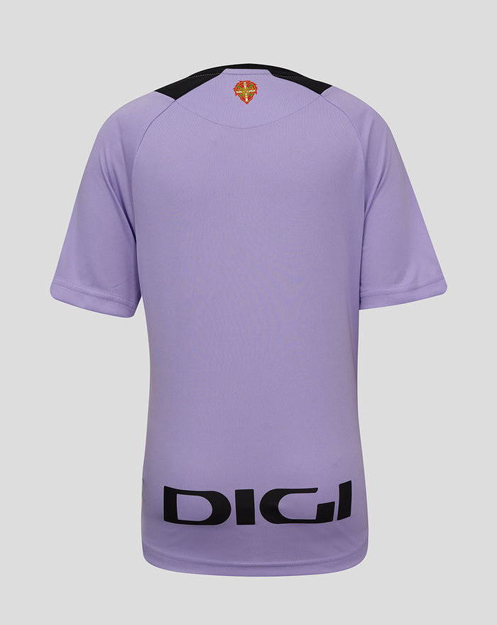 Back view of lavender junior third short sleeve shirt with black shoulder panels, crest at the neck, and DIGI logo on the lower back