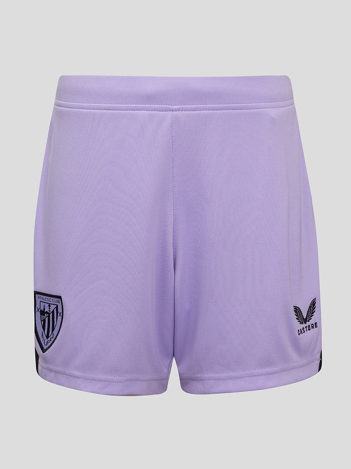 Purple junior shorts with Athletic Club Bilbao crest on the left leg and Castore logo on the right.