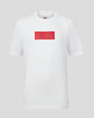 Front view of white Athletic Club Classic S/S T-Shirt for kids with a red rectangular graphic on the chest