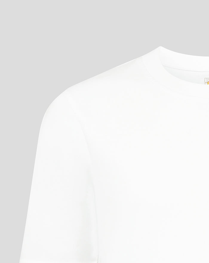 Close-up of white Athletic Club Classic Pocket T-Shirt neckline and shoulder