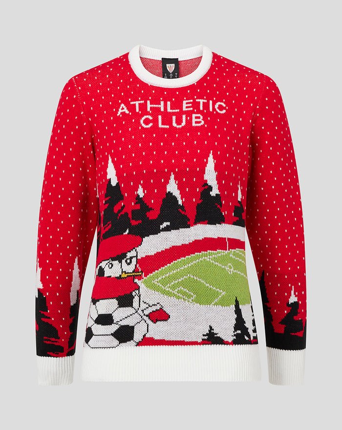 Jersey navideño infantil del Athletic Club en rojo con copos de nieve y escena de estadio