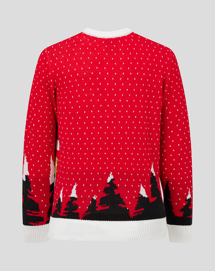 Back view of red Christmas knit sweater with white cuffs and snowy evergreen trees along the hem.