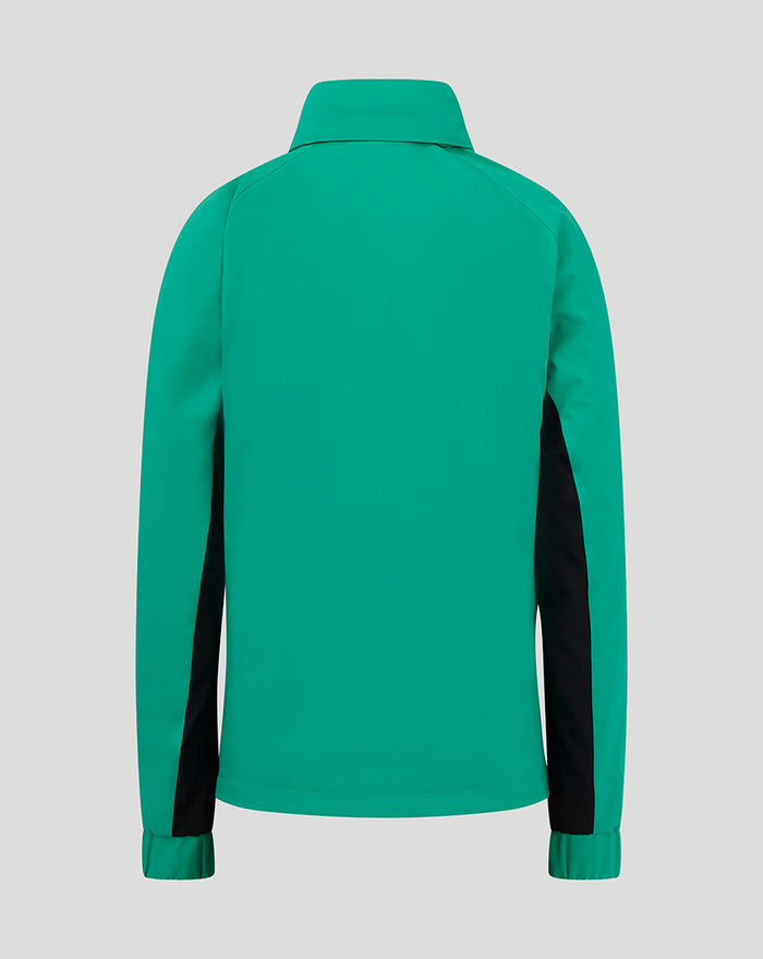 Back view of bright green men's training rain jacket with black side panels.
