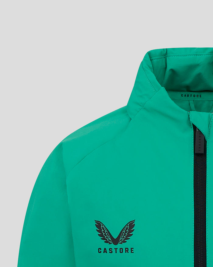 Teal green training rain jacket with a black zipper and Castore logo on the chest.