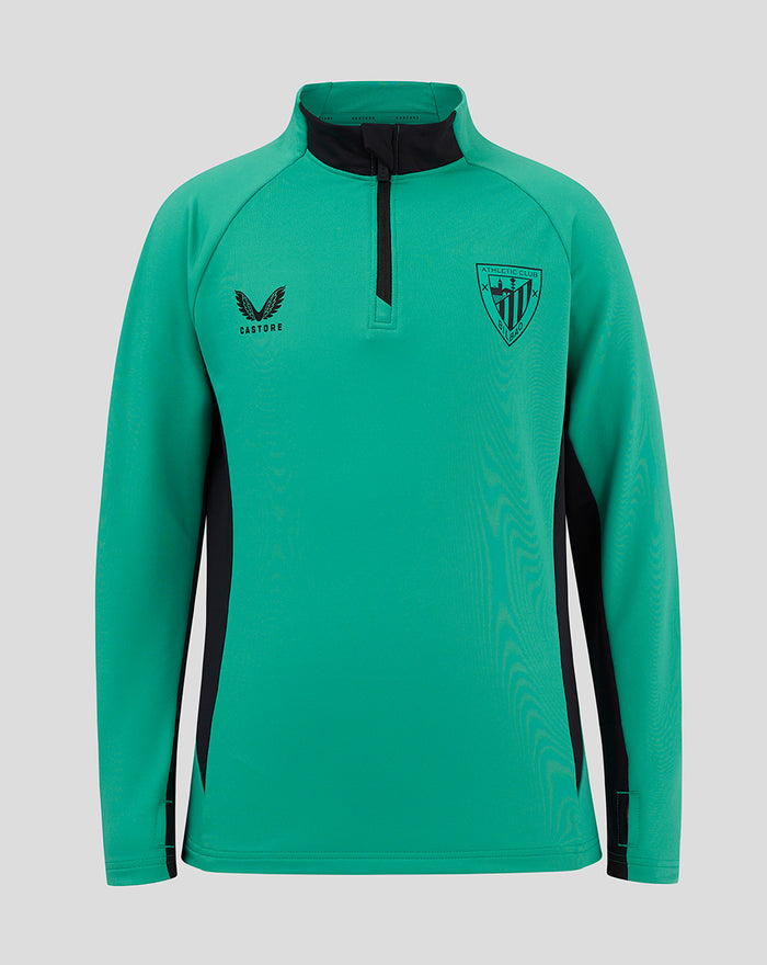 Junior teal green 1/4 zip training top with a black collar and a chest crest.