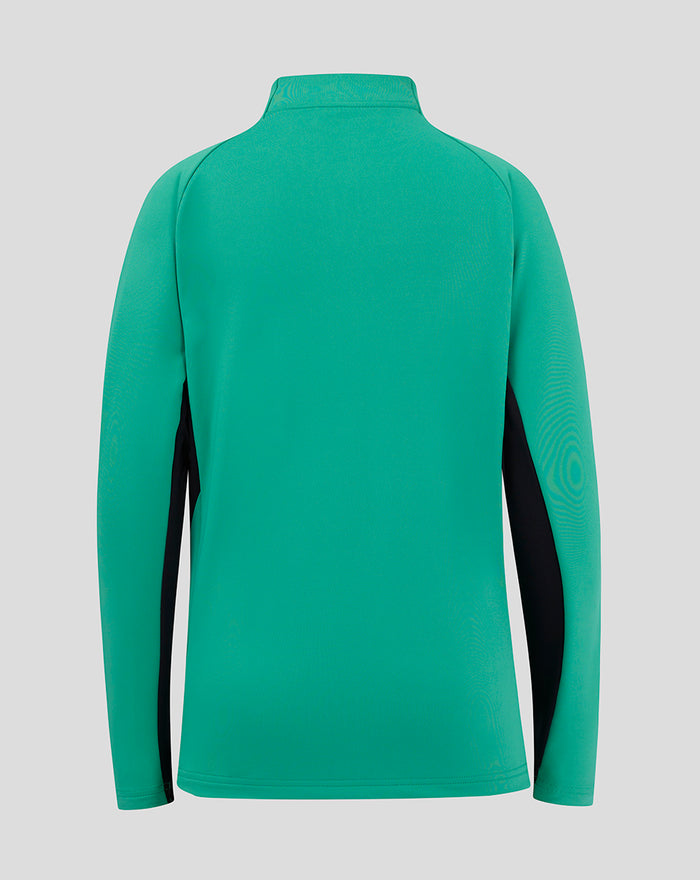 Back view of junior teal 1/4 zip training top with black side panels.