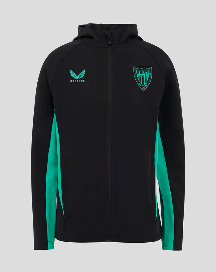 Front view of black presentation hooded jacket with teal side panels; teal crest on left chest and Castore logo on right.