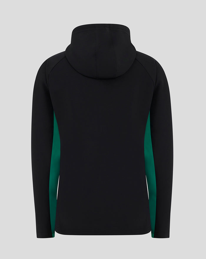 Back view of black presentation hooded jacket with teal side panels and attached hood.