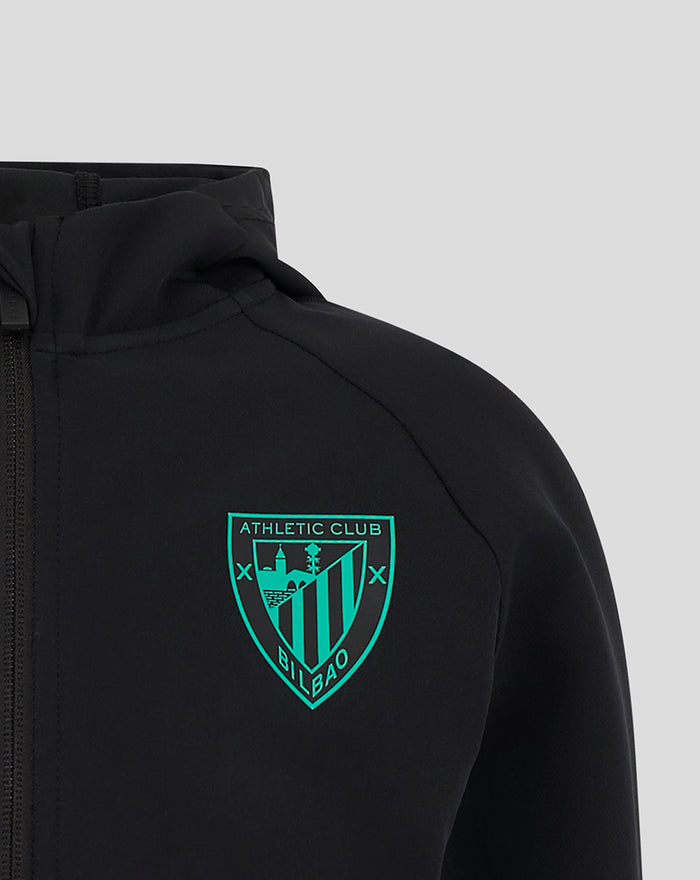 Men's black presentation hooded jacket with turquoise crest logo on the chest