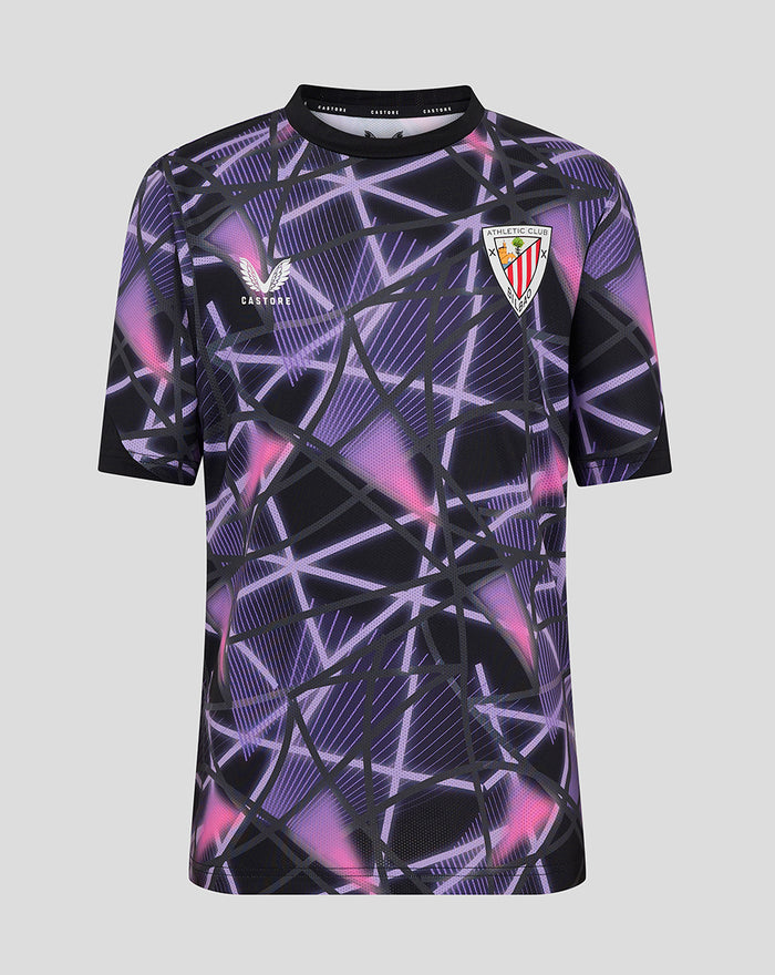 Junior Third Matchday T-shirt 24/25 front view with purple black geometric print, Castore logo on chest and club crest.