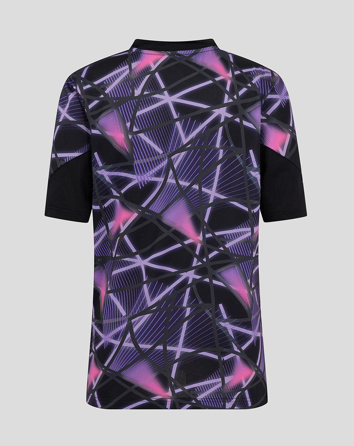Junior Third Matchday T-shirt 24/25 back view featuring purple and black geometric print with black sleeve panels.