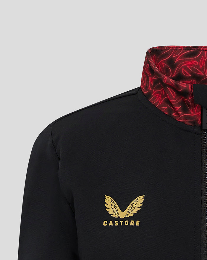 Junior Matchday Anthem Jacket 24/25 black with gold crest on chest and red patterned inner collar