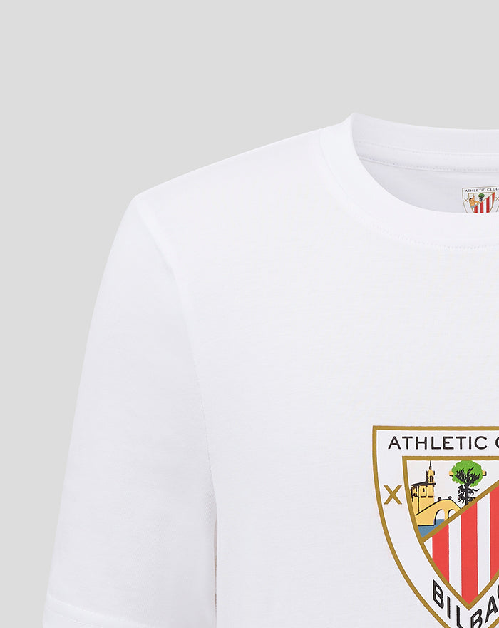 White junior crest tee with shield emblem on front